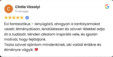 Cintia Vizsolyi 5 csillagos Google-értékelése Rakovics Éva tanfolyamairól