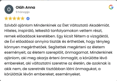 Oláh Anna 5 csillagos Google-értékelése az Élet Változtató Akadémiáról